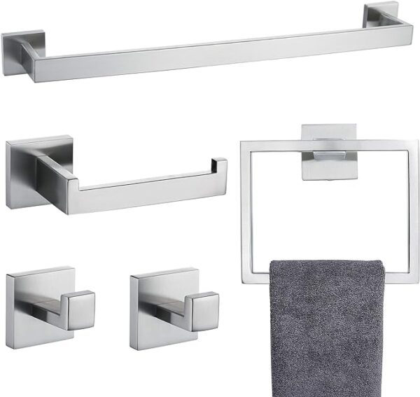 TNOMS Bathroom Towel Bar Set 5 Pieces Brushed Nickel Square