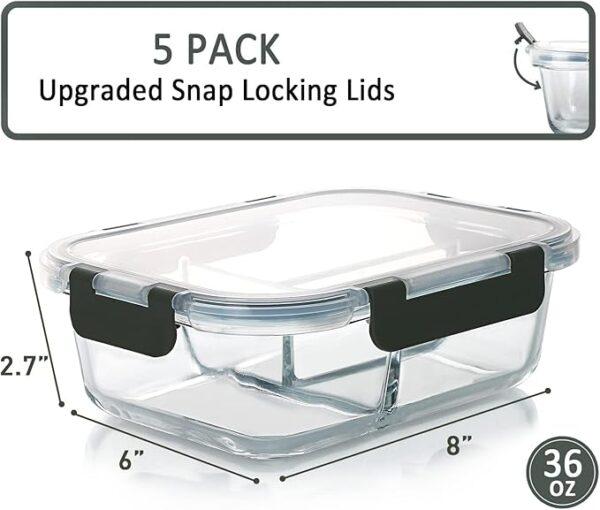 M MCIRCO [5-Pack, 36 oz] Glass Meal Prep Containers 3 Compartment - Image 5