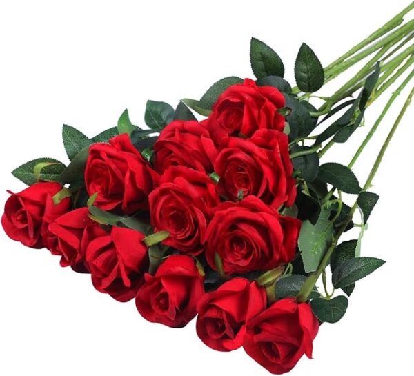 Hawesome 12PCS Artificial Silk Flowers Realistic Roses Bouquet Long Stem