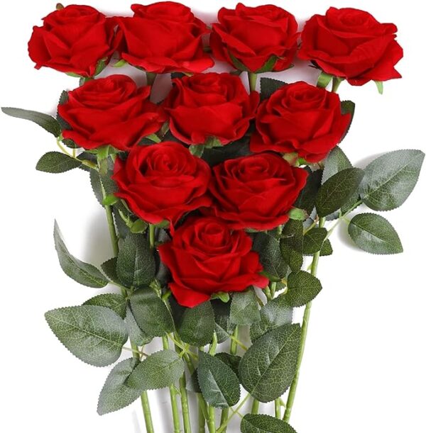 JUSTOYOU 10Pcs Artificial Roses Flowers, Realistic Blossom Roses,