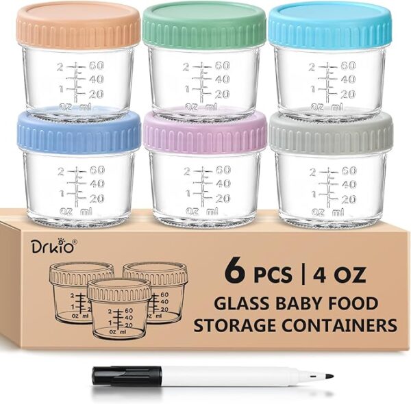 DRKIO 6 Pack Glass Baby Food Storage Containers - 4 Oz Baby Food Jars