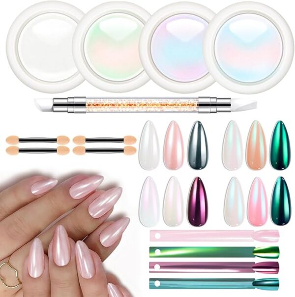 modelones Chrome Nail Powder, 4 Colors Magic White Mermaid Pearl