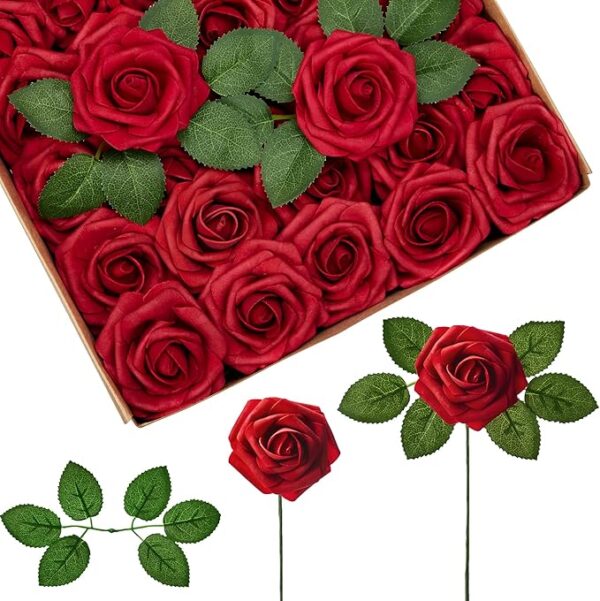 InnoGear Artificial Roses Foam Flowers, 50 Pcs Dark Red Roses Artificial