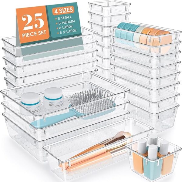 WOWBOX 25 PCS Clear Plastic Drawer Organizer Set