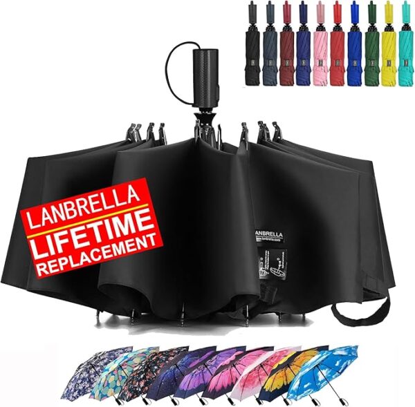 LANBRELLA Compact Reverse Folding Umbrella Auto Windproof Travel Umbrella