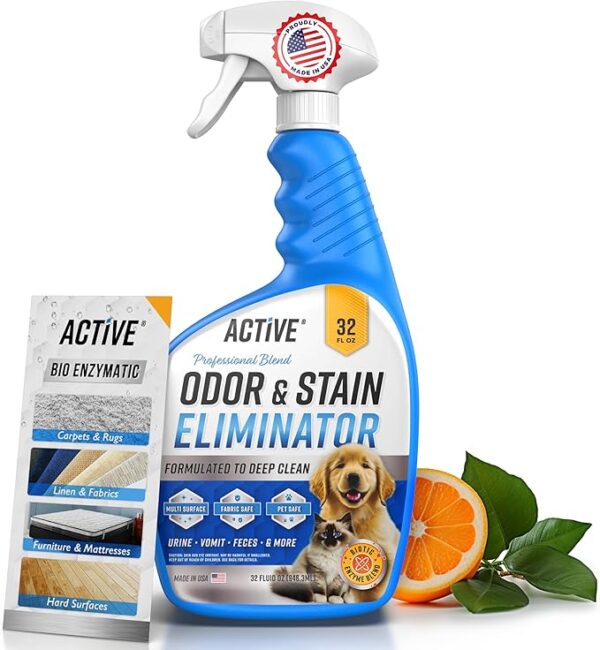 Pet Odor and Stain Eliminator - 32 oz ACTIVE Enzyme Cleaner for Dog & Cat Urine