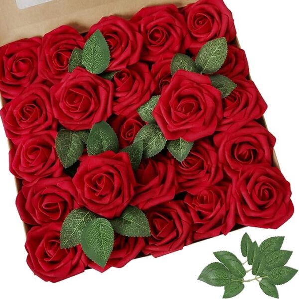 AmyHomie Artificial Flower Dark Red Rose 25pcs Real Looking Fake